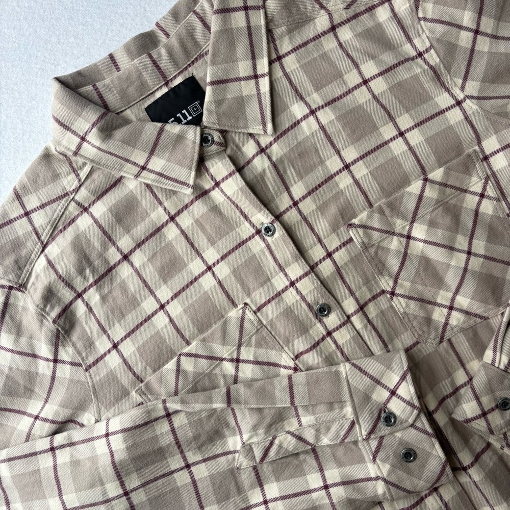 New 5.11 Tactical Ruth Flannel Shirt Womens Large Plaid Beige Pockets Military